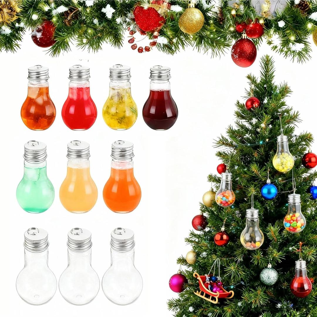 VOSAREA 10pcs Christmas Drinking Bottle Bulb Shape Juice Bottles Decorative Tree Hanging Juice Fillable Bulbs Candy Jars for Christmas Tree Ornament Holiday Party Decoration