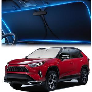 Windshield Sunshade for Toyota RAV4 2019 2020 2021 2022 2023 2024 2025 - Innovative No-Light-Pass Technology, Mirror Cut-Out, Blocks 99% UV Rays, Fade-Resistant, Easy-Fold RAV4 Windshield Sun Shade