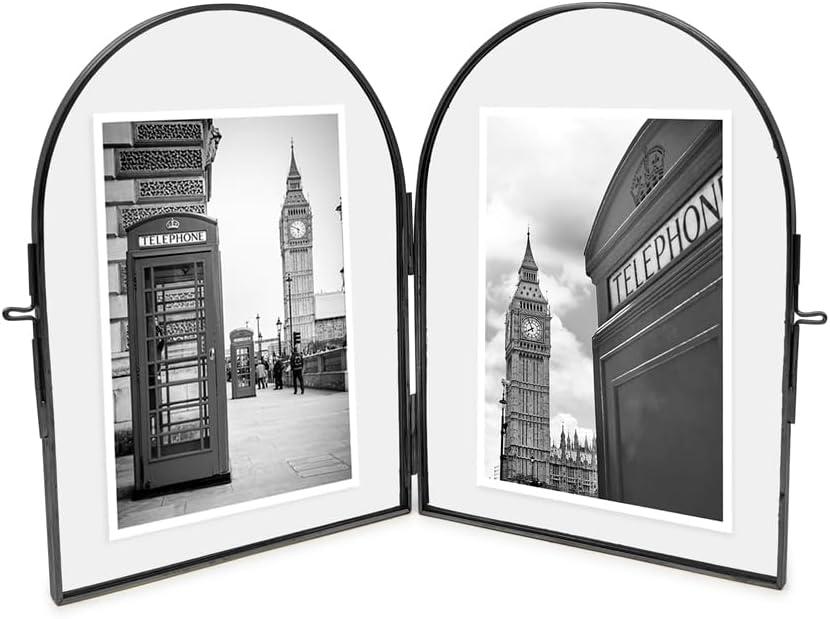 Isaac Jacobs 5x7 Vintage Style, Double-Sided Arched Brass & Glass Metal Floating Picture Frame with Locket Closure (Vertical), Made for Tabletop Display (5x7 Vertical, Black)