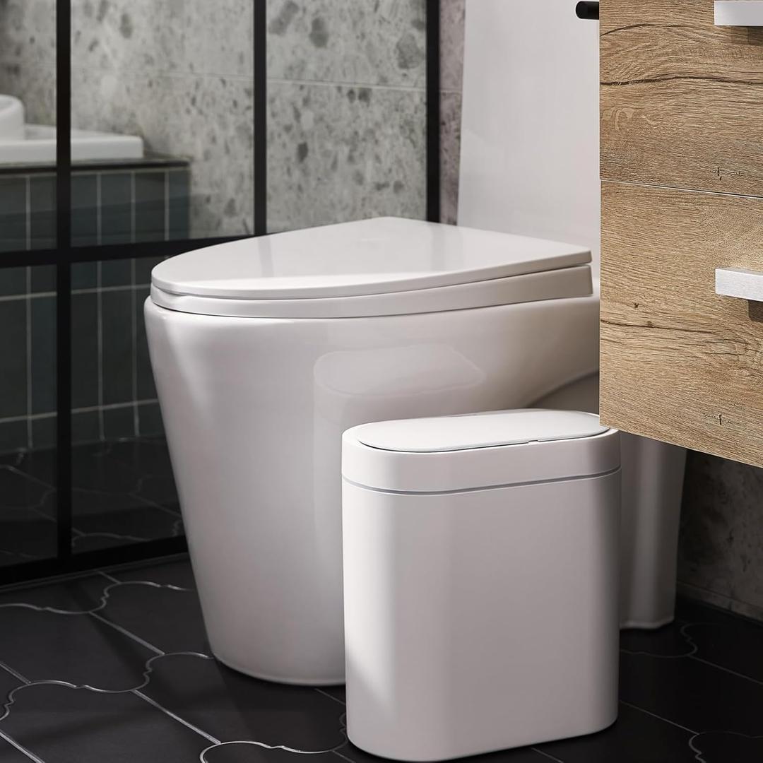 ELPHECO Bathroom Motion Sensor can 2.5 Gallon Automatic Garbage Can, 9.5L Slim Plastic Smart Bin with Lid Bathroom Decor, Sensor Garbage can for Bedroom, Kitchen, Office, White