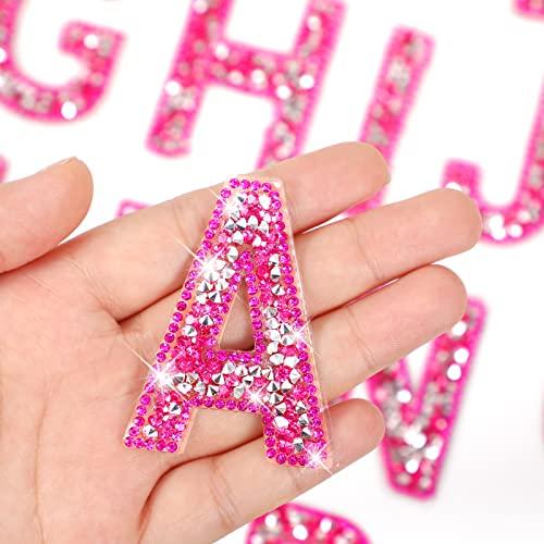 Waydress 26 Piece Rhinestone Iron On Patch A-Z Pearl Bling Rhinestone Letter Patch Glitter Alphabet Applique Rhinestone Pearl English Letter for DIY Craft Supplies(Pink, Solid Style)