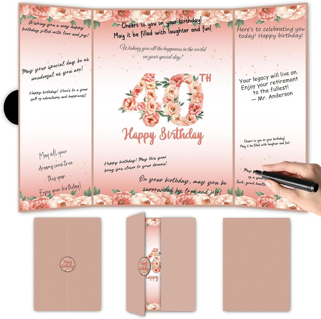 Rose Gold 40th Birthday Party Decorations, Floral Theme Happy 40th Birthday Guest Book for Men Women 40 Years Old Birthday Signature Guest Book