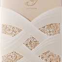 Hosmsua 50PCS Blank Wedding Invitations Kit Laser Cut light Gold Hollow Foil Flora Lace Sleeve Pocket with Envelopes for Quinceanera Wedding Invitation (Beige, 50PCS)