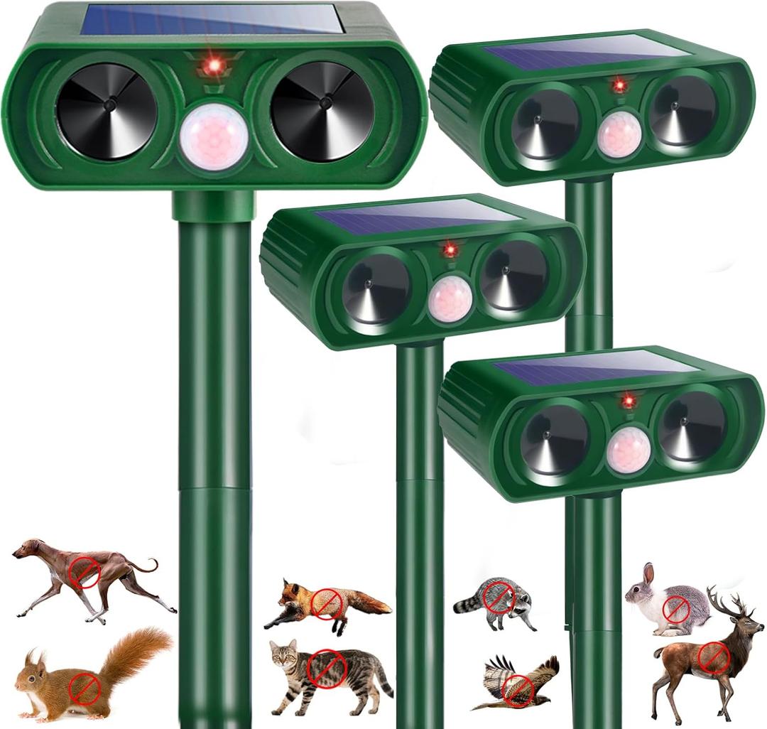 4 Pack 2025 Solar Ultrasonic Repellent Outdoor, Cat Deterrent Squirrel Rabbit Deer Repellent Devices Skunk Repellent for Yard Motion Detection Animal Deterrent for Dog Racoon Rodent Mole