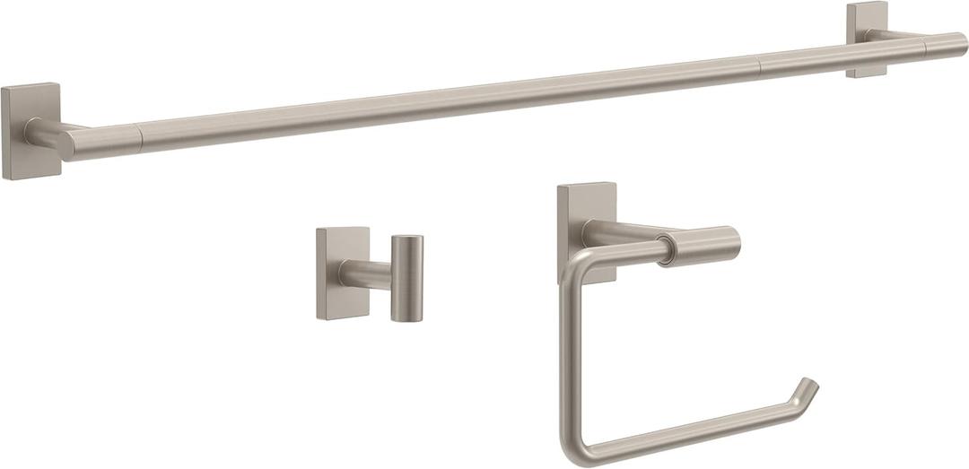 Franklin Brass Hartwell 3-Piece Bathroom Set Satin Nickel 18" + 6" Towel Rack, Toilet Paper Holder/Hand Towel Holder, Hook | 3-Piece Bath Hardware Accessories Set HRT63-SN