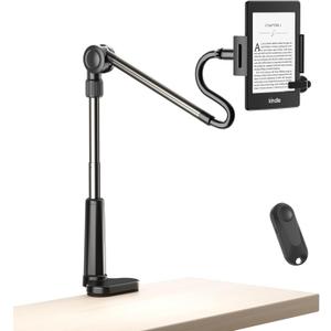 Foldable Tablet Holder for Kindle Reading in Bed with Remote Page Turner, No Stiff Easy Adjust Flexible Tablet Arm Desk Holder, Ereader Accessories for Kindle Paperwhite/Scribe/Oasis, iPad, Phone
