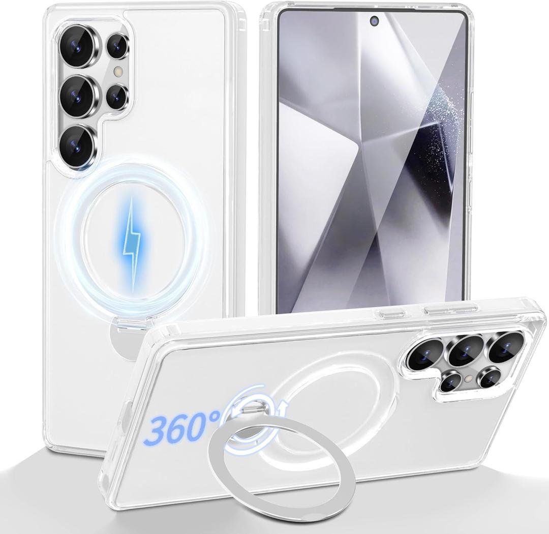 3-in-1 [360 Spin Stand+Magnetic+Ring Holder] Case for Samsung Galaxy S24 Ultra Fit for MagSafe, Military Grade Protective, Translucent Matte Cover S24 Ultra Phone Cases for Women/Men 6.8Transparent