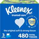 Kleenex Trusted Care Facial Tissues, 3 Flat Boxes, 160 Tissues per Box, 2-Ply (480 Total), Packaging May Vary (White)