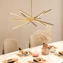 Modern Gold Chandelier Light Fixtures - LED 6-Lights Dining Room Linear Chandeliers Pendant Lights Fixture Over Table 3000K 4500K 6000K 3-Color Dimmable for Kitchen Island Living Room, 31.7inch