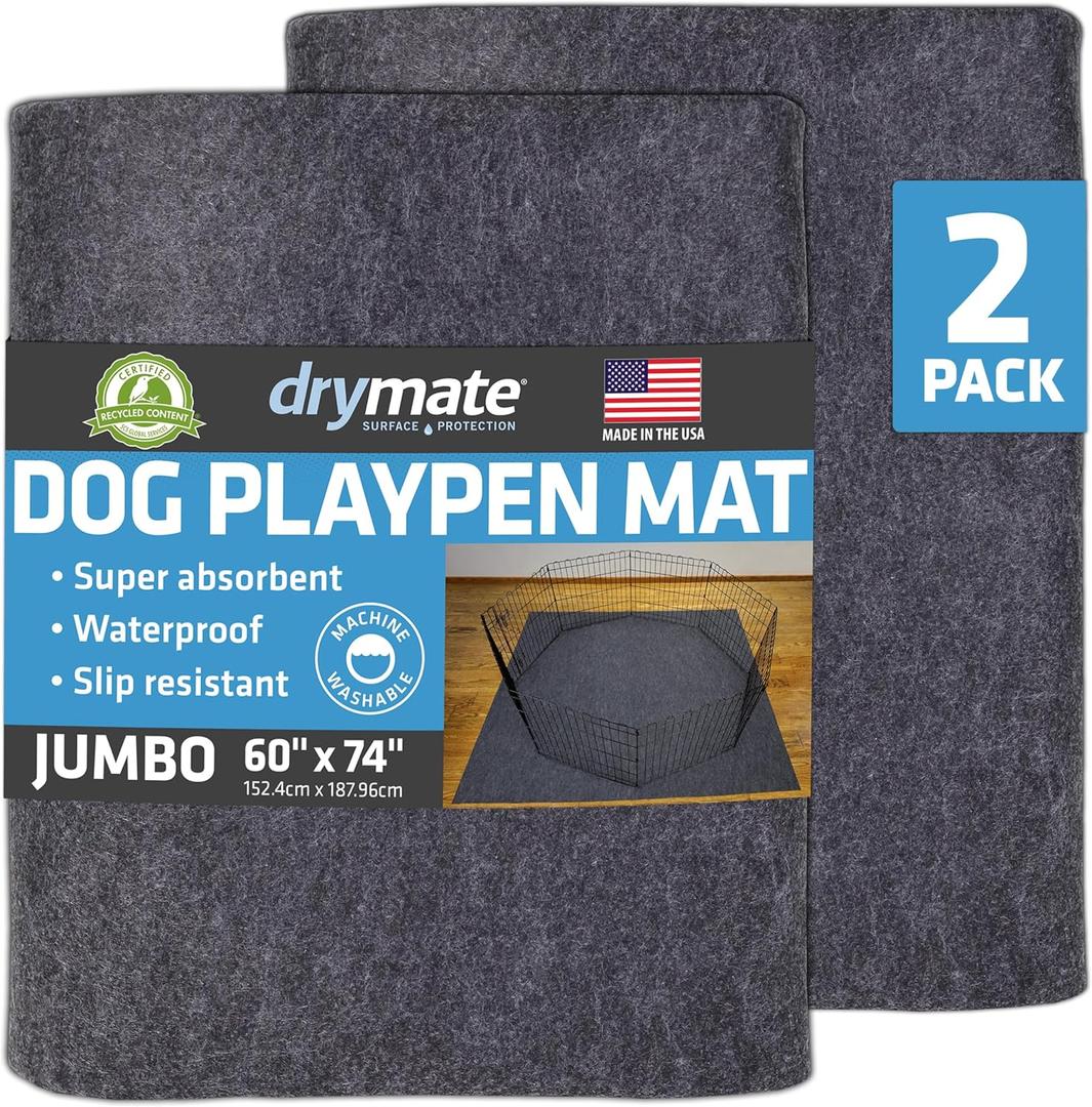 Drymate 2-Pack Jumbo Dog Playpen Mat (60x74), Absorbent, Waterproof, Slip-Resistant, Machine Washable, Reusable Puppy Pad for Training, Whelping, Housebreaking, Incontinence, Crate, Kennel (USA Made) (Charcoal)