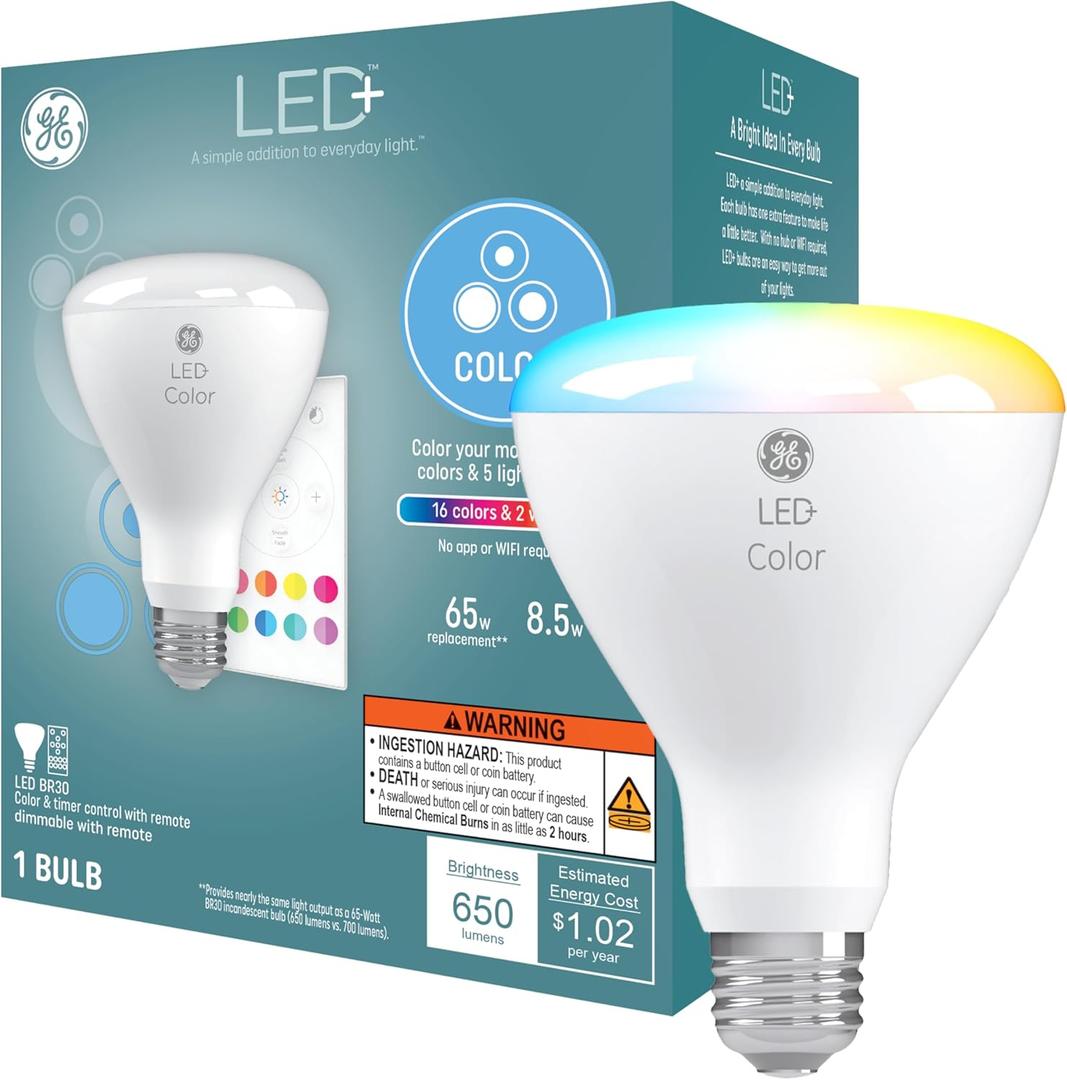GE LED+ Color Changing LED Light Bulbs with Remote, 8.5W, No App or Wi-Fi Required, BR30 Indoor Floodlights (1 Pack)