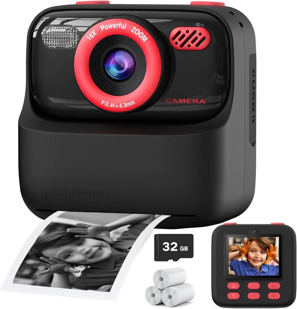 Kids Instant Digital Cameras for Boys and Girls, 1080P HD Dual-Lens Selfie Digital Camera with Print Paper & 32G Card, Christmas Birthday Gifts Toys for Toddler and Teenagers Age 3-16 Years Old (Black)