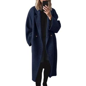 chouyatou Women's Winter Double Breasted Wool Coat Long Sleeve Notch Lapel Long Trench Coat (Large, Navy Blue)
