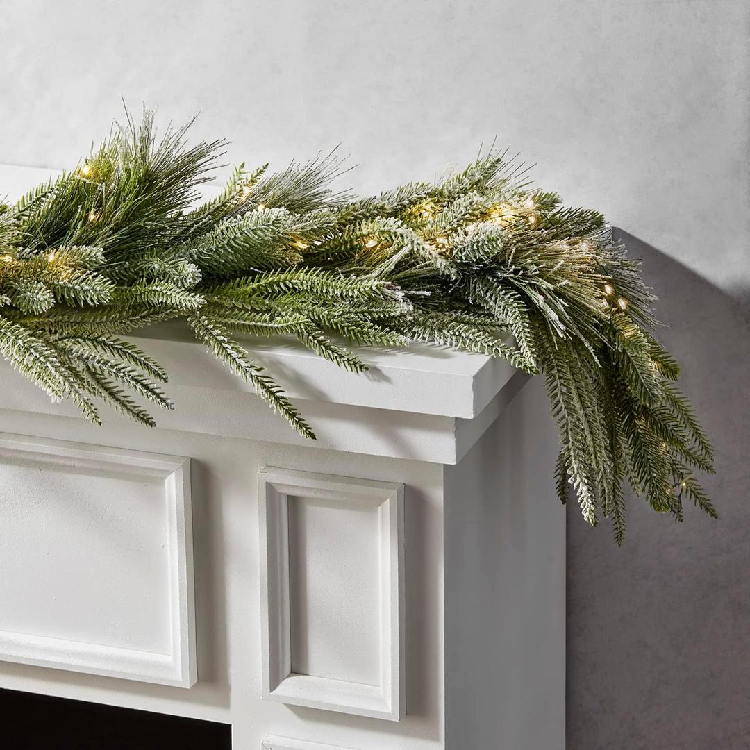 LampLust Winter Garland with Lights Battery Operated, 6 Ft Lighted Garland, Frosted Garland with Pine Branches & Faux Snow, 100 LED Lights with Timer, Winter Garland for Mantle All Year Round