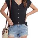 LYANER Women's V Neck Button Blouse Cap Sleeve Work Shirt Office Dressy Tee Shirt Tops (L)