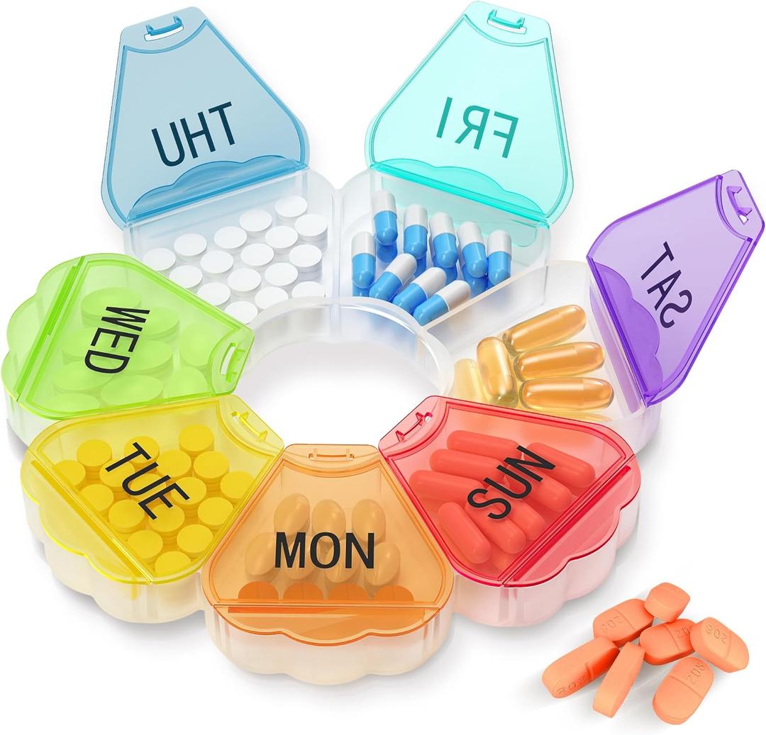Enlarged Weekly Pill Organizer 7 Day, Daily Pill Box with Never Faded Etched 3D Date Labels, Travel Pill Case with Large Compartment for Medication, Vitamin, Fish Oil, Supplements(Rainbow)