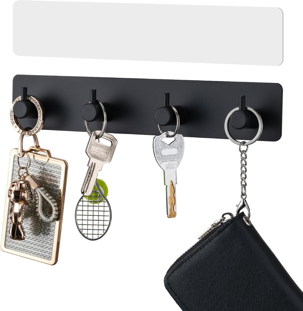 Key Holder with 4 Hooks,Key Hanger Organizer for Wall Mount with 2 Self-Adhesive Tapes,Metal Key Rack for Entryway, Door, Bathroom, Kitchen(Black)