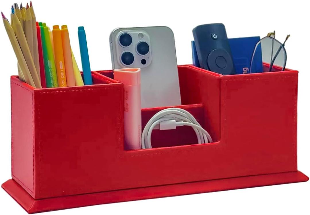 UnionBasic Desk Organizer, Desktop Caddy Leather Multi-compartment Pen Holder Office Stationer Organizer, Red