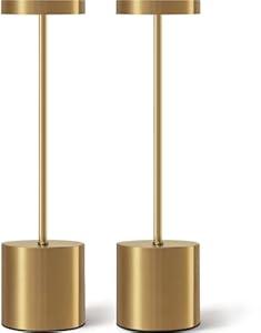LED Cordless Table Lamp - 5000mAh Rechargeable Dimmable Desk Light with 3 Modes, Outdoor Battery Operated Table Light, USB Bedside Lamp, Wireless Lamps for Patio/ Restaurant (Gold, 2PK)