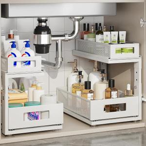 Corbyles 2 Pack 18.5IN-Depth Under Sink Organizer With Next-Gen Ball-Bearing Slides,2-Tier Pull Out Cabinet Storage,Height Adjustable Drawer Shelf for Bathroom,Kitchen,Laundry,Cabinet,Pantry-White