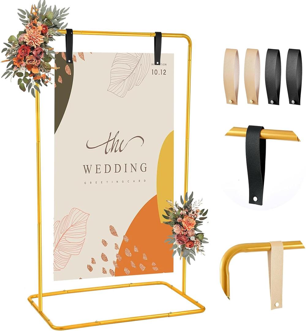 Wedding Welcome Sign Stand, 68x31x 20 Heavy Duty Easel Stand for Sign with 4 Leather Strap, Welcome to Our Wedding Sign Holder, Metal Floor Standing Easels for Signs, Poster, Gold