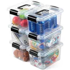 Plastic Storage Bins with Lids 6 Packs, 7 Quart Storage Organizer Bins with Buckle-Up Latches and Handle, Stackable Storage Containers for Home Pantry Office Classroom Organization, Clear (Black)