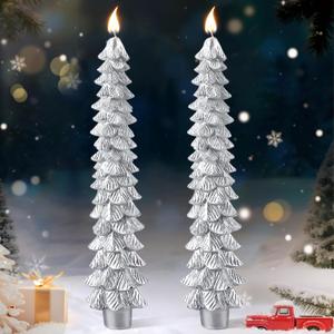2 Pcs 10 Inch Christmas Tree Candles, Premium Natural Unscented Beeswax Christmas Tree Shaped Taper Candles with Cotton Wick, for Xmas Holiday Decor Party Banquet (Silver)