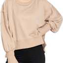 Womens Crewneck Sweatshirts Cropped Long Sleeve Tops Oversize Loose Fit Tee Side Slit Pullover Tshirt (Beige, XL)