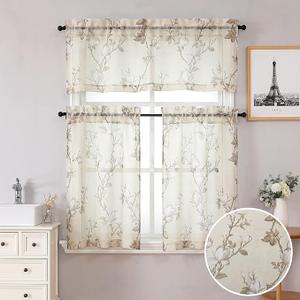 SMILE WEAVER Kitchen Curtains Tiers and Valances Set 3 Piece,Floral Short Semi Sheer Linen Curtains for Bedroom/Living Room,Light Filtering Window Drapes for Bathroom(White,52Wx18L&26Wx36L)