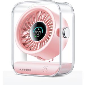 KIMMOO Rechargeable USB Desk Fan, Quiet Table Fan with Turbo Airflow, 100 Speeds, Digital Display, 90 Rotating, Small Battery Desktop Fans for Bedroom Home Office Travel, Pink