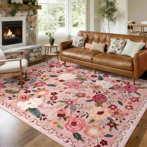 8x10 Washable Area Rug for Living Room, Floral NonSlip NonShedding & Easy Care, Large Soft Low Pile Indoor Floor Carpet for Living Room, Bedroom, Farmhouse, Dining Room, Kids Playroom, Pink