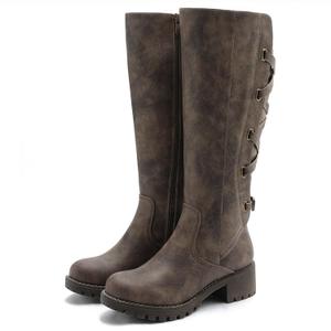 GLOBALWIN Women's Strappy Motorcycle Knee High Boots Brown Wide Calf Riding Boots Fall Winter Fashion Knee High Boots For Women 9M