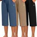 Neer Pack of 3 Women's Capri Pants, Cotton Wide Leg Basic Sweatpants Lounge Loose Fit Casual Drawstring Yoga Capris with Pockets (L, Mocha, Navy Blue, Gray)