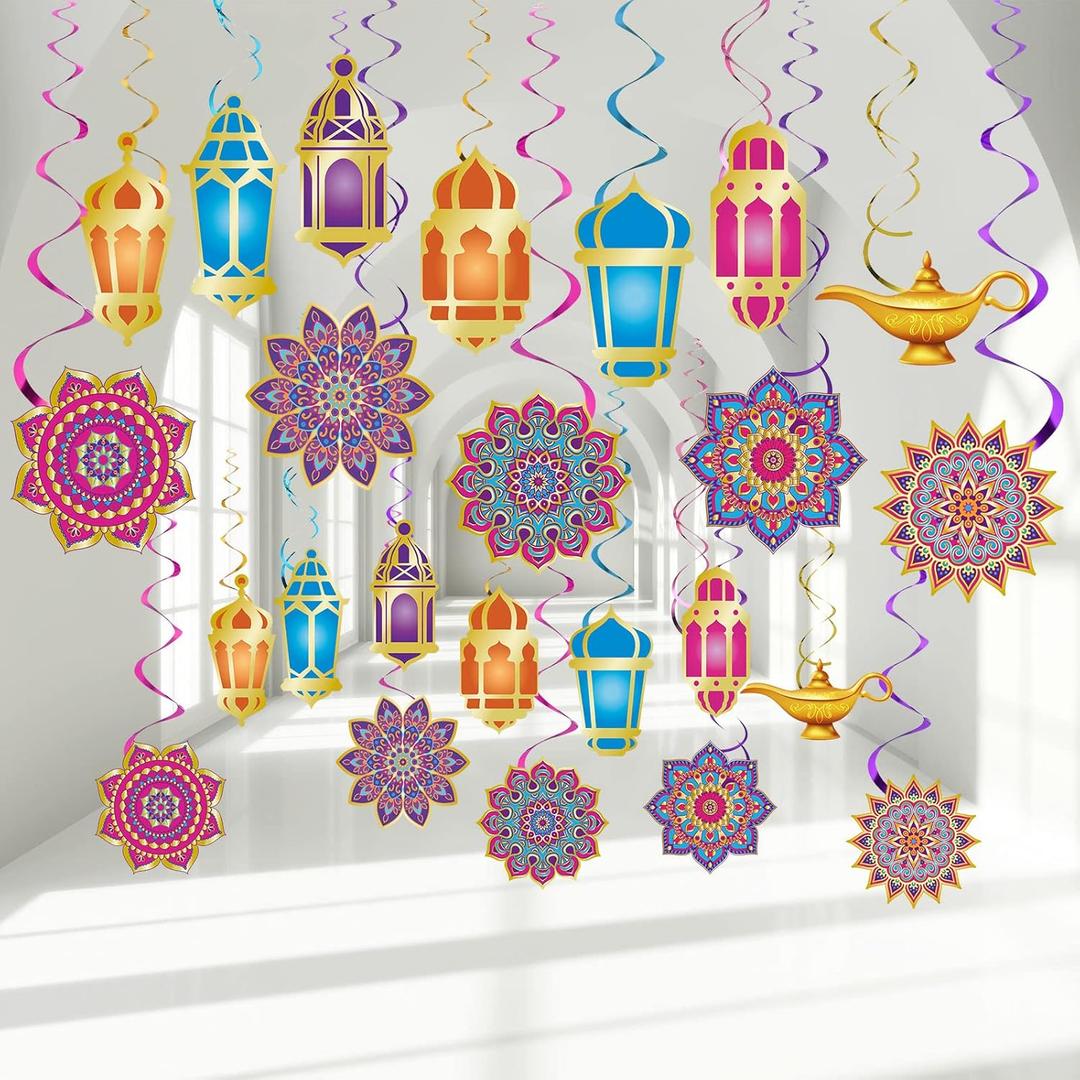 Zonon 52 Pcs Ramadan Mubarak Decorations Arabian Nights Party Decoration Eid Mubarak Hanging Swirls Ceiling Foil Party Decor for Indian Moroccan Princess Birthday Supplies