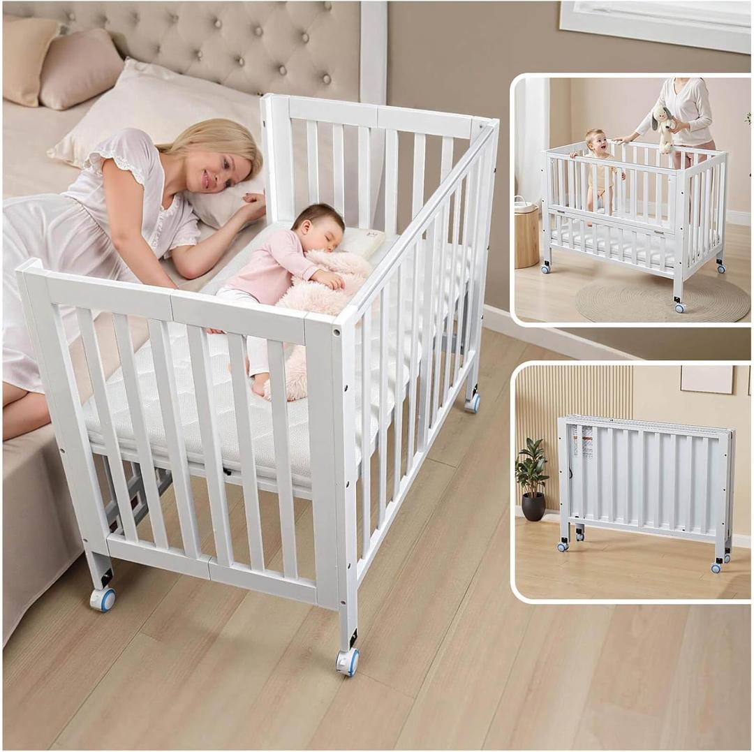 Folding Wood Bedside Bassinet - Portable 4-in-1 Baby Bassinet with Breathable Mattress,3 Heights Baby Crib with Wheels,Mini Crib for Infant Newborn and Small Space,White