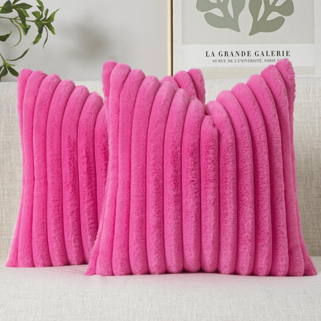 MIULEE Faux Fur Decorative Throw Pillow Covers 18x18 Inch Set of 2, Retro Vintage Boho Spring Home Decor Soft Plush Couch Pillows Cozy Fluffy Cushion Covers for Sofa Bed Hot Pink