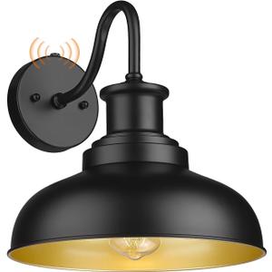 Dusk to Dawn Outdoor Gooseneck Barn Light, Farmhouse Outdoor Wall Sconce, Rustic Exterior Wall Mount Light, Vintage Outside Lighting Fixture Industrial Black Lantern for Porch Garage Shed,1 Pack (11DDRZ007-1 PACK(Dusk to Dawn), Black+Gold)