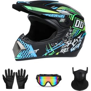 Youth Sport Full-Face Helmet for BMX, Mountain Bike & Off-Road Motocross Helmet, DOT Certified Motorcycle Helmet for Dirt Bike & ATV, Lightweight and Comfortable, 4-Piece Set (Large, Blue Moden)