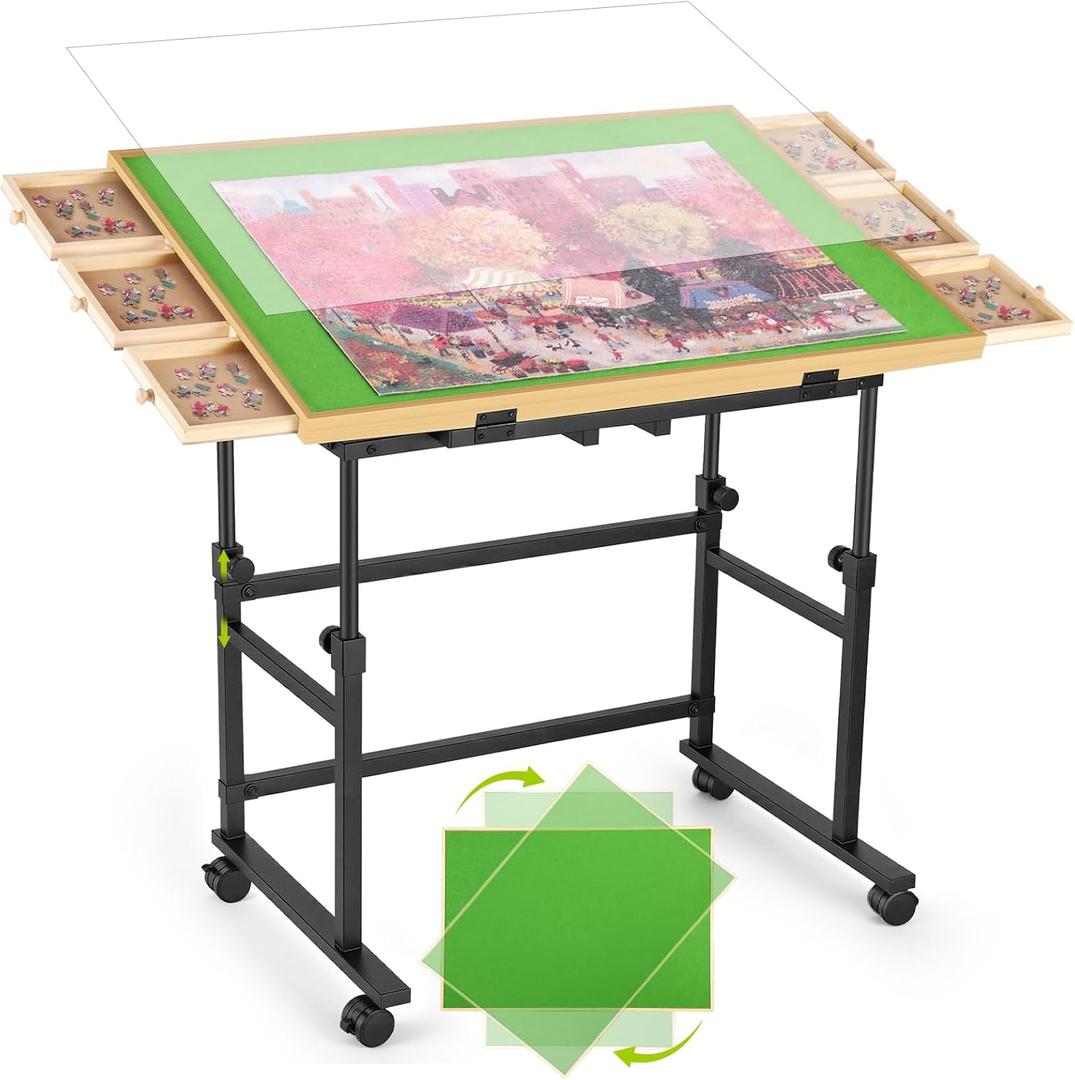 1500 Piece Jigsaw Puzzle Table with Metal Lazy Susan, Rotating Adjustable Height Puzzle Desk with Legs for Adults, 4-Tilting-Angle Portable Wooden Game Board with 6 Drawers & Cover (Green)