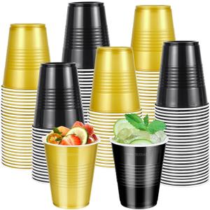 100 Pcs Black and Gold Plastic Cups 12 oz, Bulk Gold and Black Disposable Party Graduation Cups for Graduation New Year Wedding Birthday Christmas Theme Party Supplies Decorations