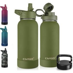 CIVAGO 32 oz Insulated Water Bottle With Straw, Stainless Steel Sports Water Cup Flask with 3 Lids (Straw, Spout and Handle Lid), Wide Mouth Travel Thermal Mug, Army Green