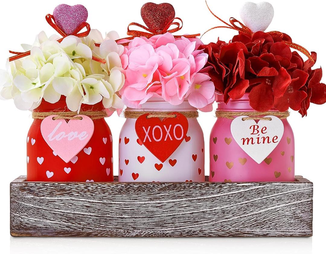 Valentines Day Table Decor, Centerpieces for Tables, Printed Mason Jar Valentine Table Centerpiece, Hydrangea, Wood Tray, 13 Pcs Farmhouse Valentines Day Table Decorations for Home, Kitchen