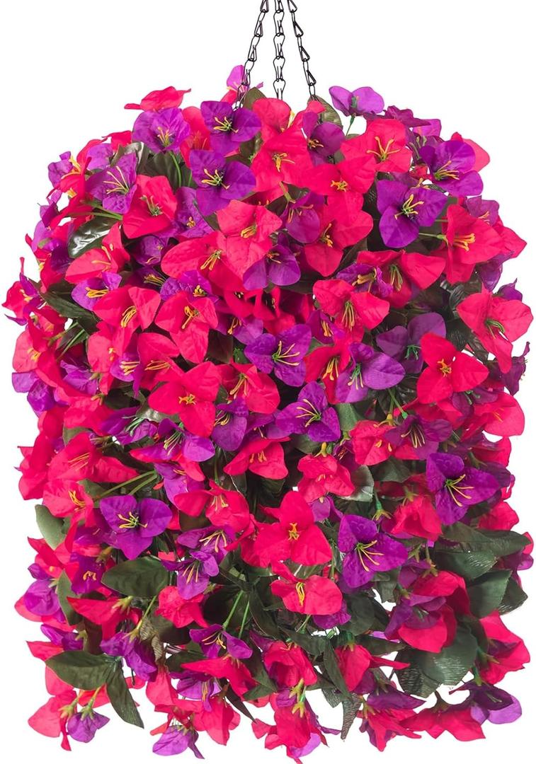 Artificial Bougainvillea Faux Flowers Plants Baskets for Outdoor Outside Decoration, 3PCS Fake Silk Flowers Long Trailing Vines UV Resistant Realistic for Front Door Porch Patio Balcony, Purple Hot pink