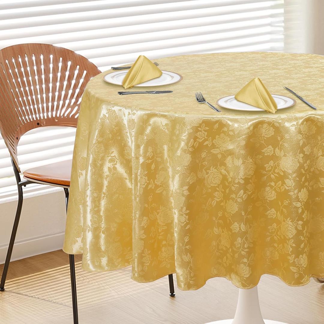 Gold 90" Round Satin Tablecloth, Jacquard Stain Resistant Table Cloths Wrinkle Free Tablecloth, Silkly Soft Table Cover for Dining Room/Party/Wedding/Banquet/Events