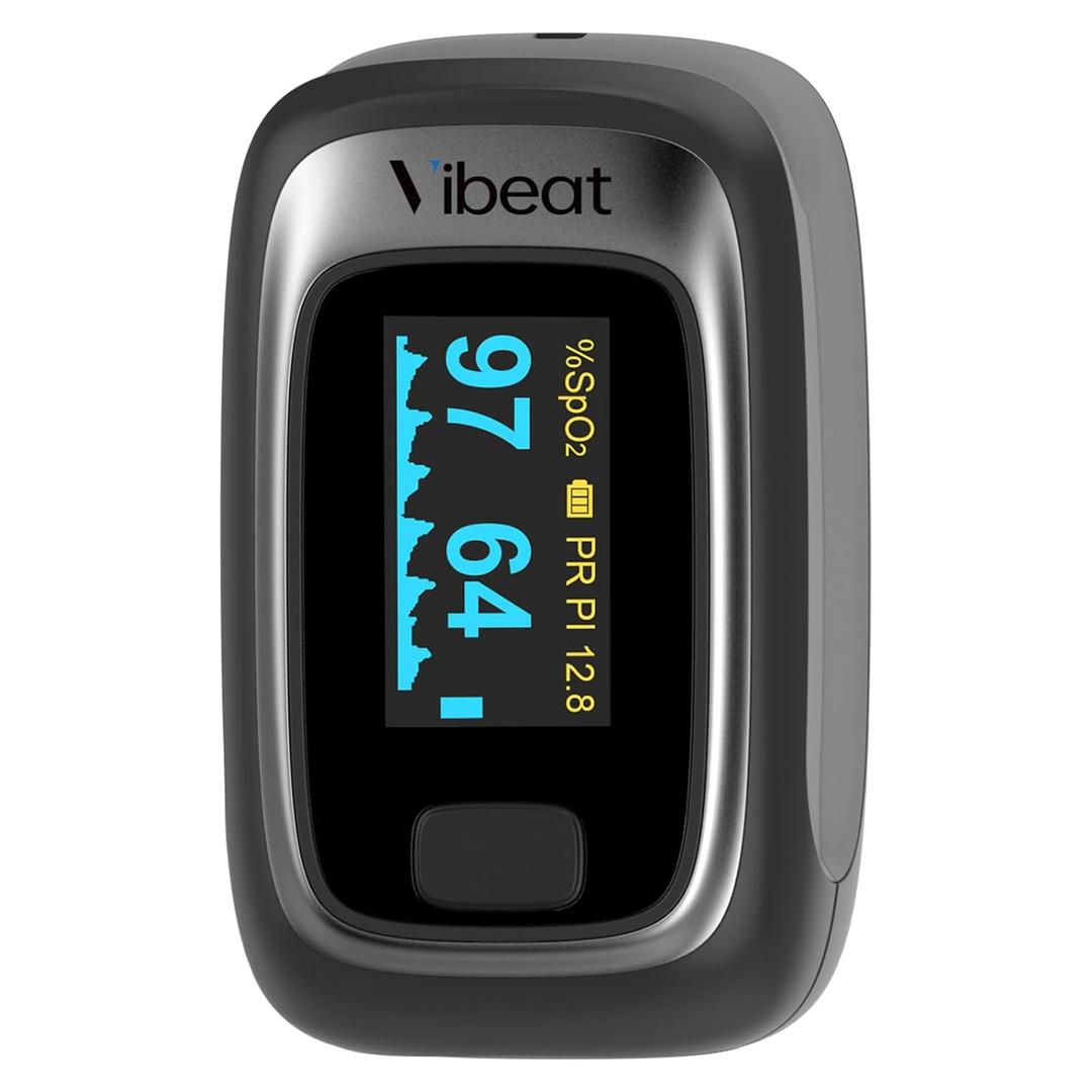 Vibeat Fingertip Pulse Oximeter, Blood Oxygen Saturation Monitor, Finger O2 Sensor with Pulse Rate, Batteries and Lanyard Included, Black