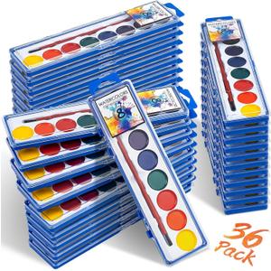 36 Pack Watercolor Paint Set, Washable Watercolor Paint Bulk for Kids, Water Color Paint with Paint Brushes, Ideal Gifts for Party Favors, School Supplies & Classroom Prizes, Art Activities, 8 Colors