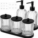 Yaomiao 5 Pack Bathroom Accessories Set, Modern Bathroom Decor Sets, Glass Liquid Soap Dispenser, Vanity Tray, Toothbrush Holder, Cotton Swab Jars with Lids for Sink Countertop(Clear,Striped)