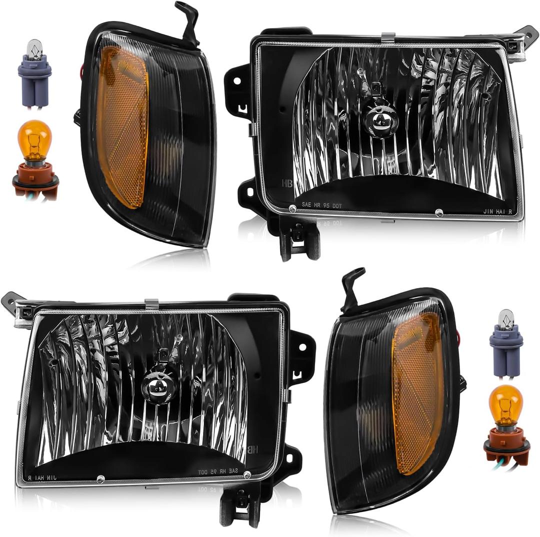 Headlight Assembly with Corner Light Compatible with Nissan Xterra 2000 2001 | Frontier 1998-2000, Black Housing Clear Lens Halogen Headlamp for 26010-3S525 26060-3S525, 4Pcs without Bulbs