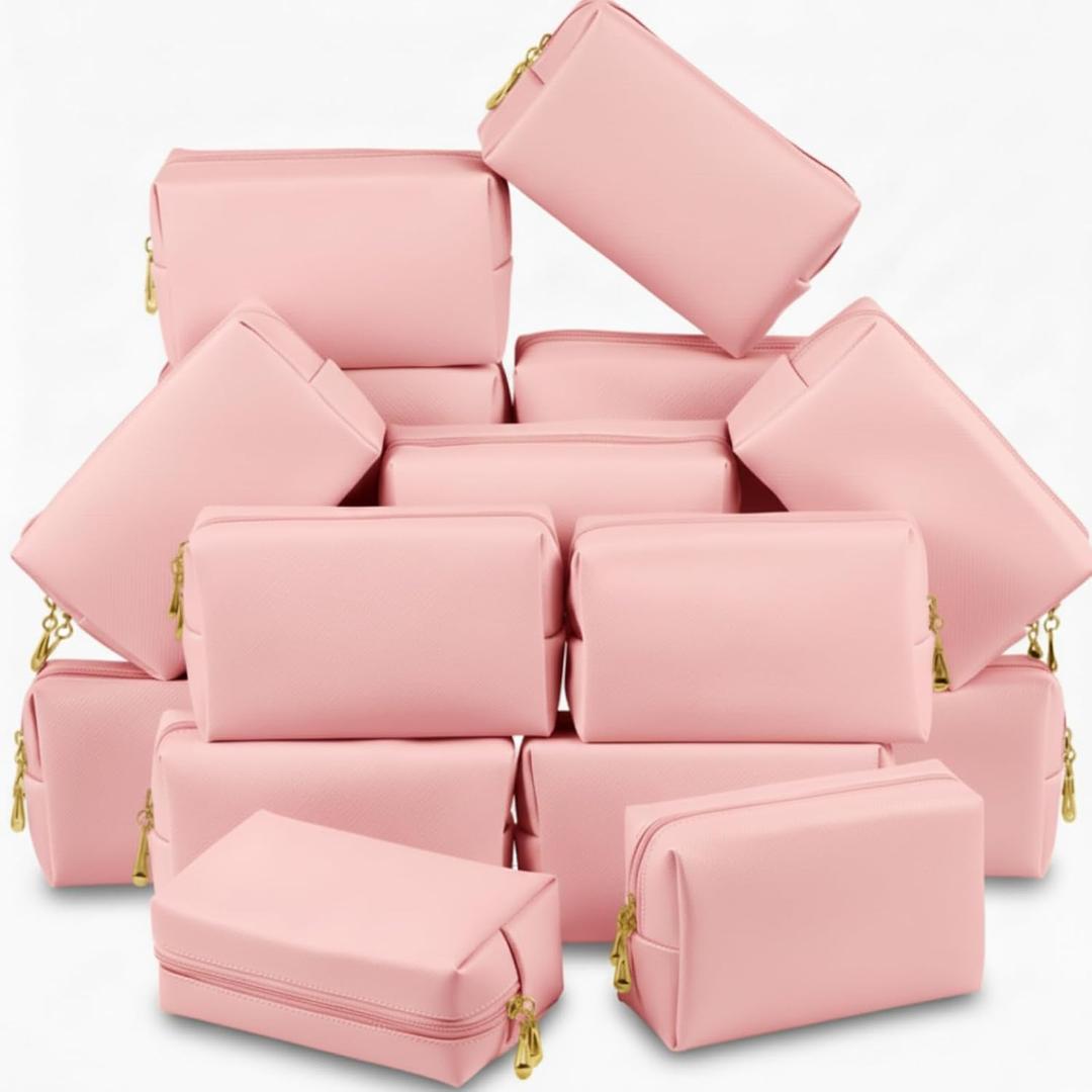 Kigeli 15 Pcs Aesthetic Makeup Bags PU Leather Cosmetic Pouches Waterproof Plain Toiletry Bags Makeup Pouches Bulk for Women Party Gift Travel Storage Organizer(Pink)