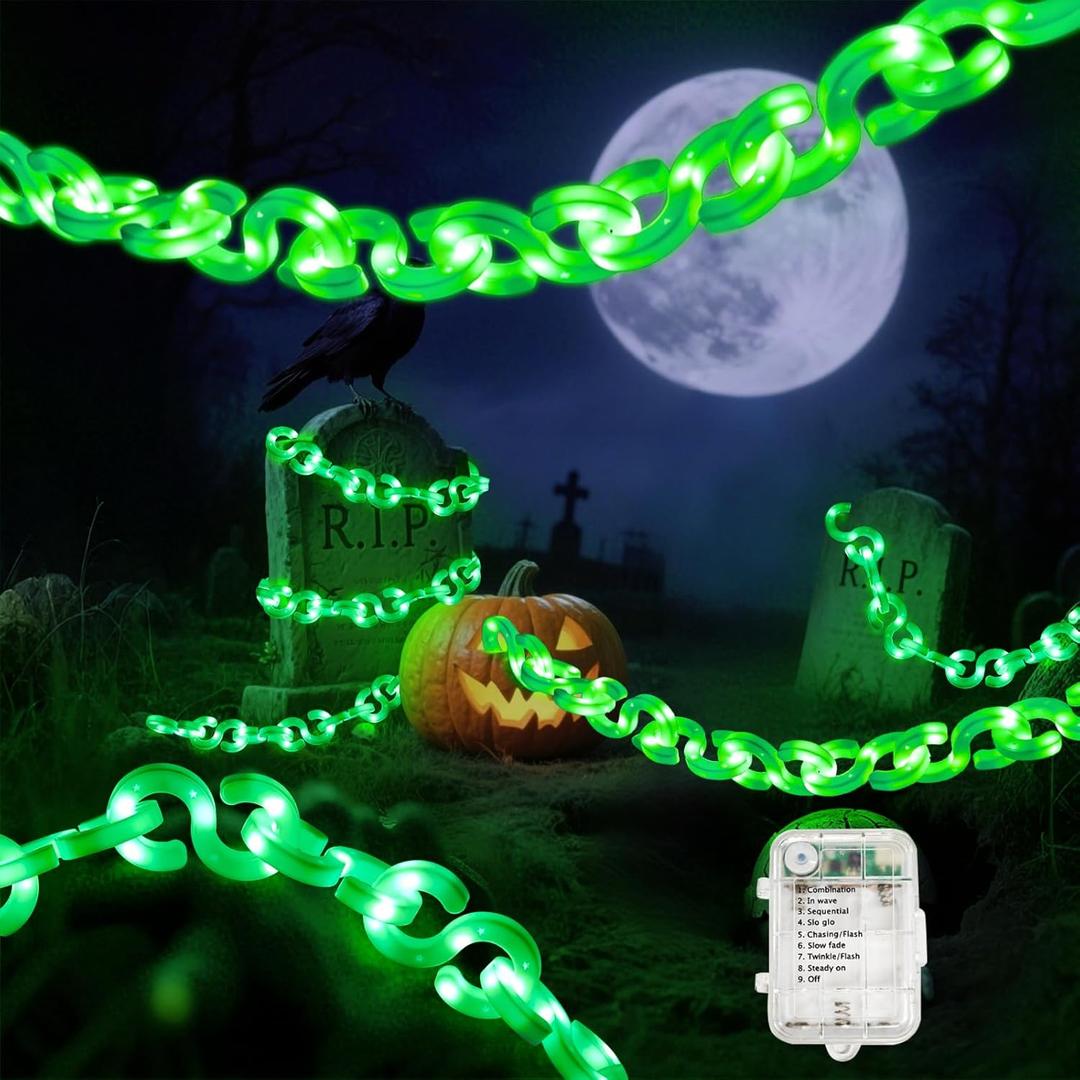 Halloween Decorations Battery String Lights - 10 Ft 160 LED Plastic Chain String Lights with Waterproof, 8 Lighting Modes and Timer Function US Patent Product (Green)